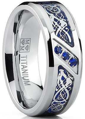 Metal Masters Men's Titanium Wedding Ring Band with Dragon Design Over Blue Carbon Fiber Inlay and Blue Cubic Zirconia
