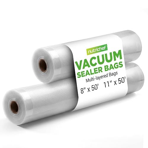 NutriChef Vacuum Sealer Bags for Food 8” x 50’ & 11" x 50' (2 Rolls, 100’ Total) – Works with All Sealers, BPA-Free, Heavy-Duty, Multi-Layered – Freezer, Microwave & Sous Vide Safe