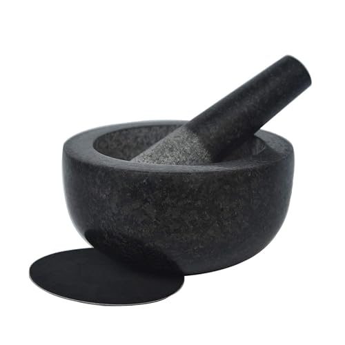 Large Granite Mortar and Pestle Set 6.3 inch, Cozymat Molcajete, Salsa Pestos Guacamole Bowl, Herbs and Spices Grinder, with EVA Anti-scratch Pad,Black&Grey
