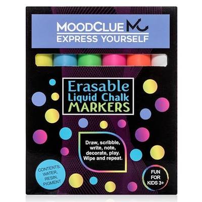 MoodClue Liquid Chalk Markers for Glass Erasable – 6 Neon Wet & Dry Erase Chalk Markers, Reversible Fine & Bold Tip, Washable Window, Mirror, Whiteboard, Blackboard & Car Window