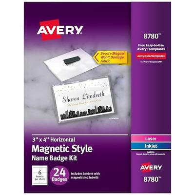 Avery® Customizable Name Badges, Magnet Style, 3" x 4", Clear Name Tag Holders, White Laser/Inkjet Printable Inserts, 24 Total (8780)