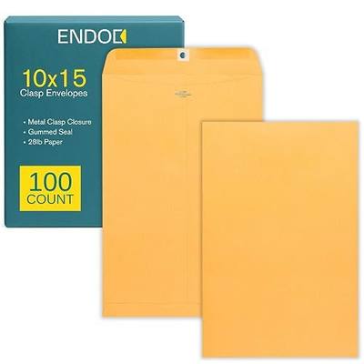 EnDoc 10 x 15 Clasp Envelopes - 100 Pack Brown Kraft Catalog Mailing Gummed Seal Envelope - 28lb Heavyweight 10x15 Inches Manila Envelopes for Home, Office, Business, Legal or School