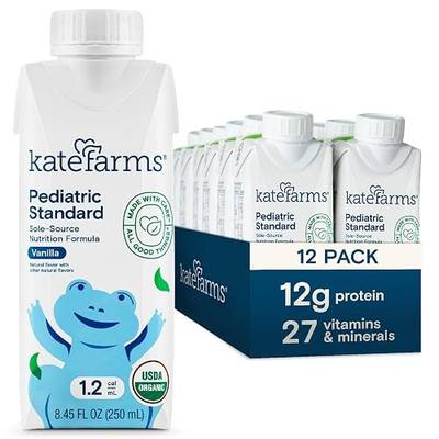 KATE FARMS Organic Plant Based Pediatric 1.2 Sole Source Vanilla Nutrition Shake, 12g of protein, 27 Vitamins and Minerals, Meal Replacement Drink for Kids, Non-GMO, 8.45 Fl oz (Pack of 12)
