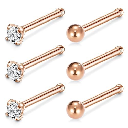MODRSA 6pcs 20G Surgical Steel Nose Rings Ball 2mm Diamond CZ Nose Studs Rings Bone Pin Piercing Jewelry Rose Gold