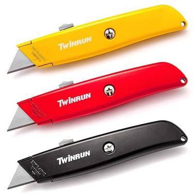 TWINRUN Retractable Utility Knife Box Cutter with Durable Metal Handle Smooth Multi-Position Blade Locking Saddle, 3-Pack Set in Yellow, Red and Black