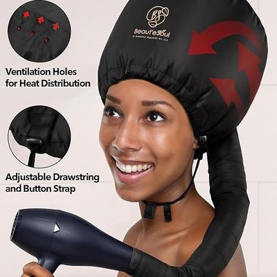 Beauté Seoul Hooded Hair Dryer Attachment - Soft Bonnet for Fast Blow Drying | Premium Large Hood for Deep Conditioning, Natural Curly Hair, Rollers & Braids. Adjustable Non-Slip Fit for All Blow Dryers