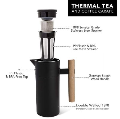 Thermal Coffee Carafe 40 Oz with Tea Infuser - Stainless Steel Vacuum | Keeps Hot for Hours, Insulated Coffee Carafe, 18/8 Surgical Grade Steel, BPA-Free, Beech Wood Handle, Coffee Thermos, Black