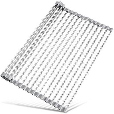 Tomorotec 17.7" x 15.5" Roll Up Dish Drying Rack Over Sink Drying Rack Sink Cover Kitchen Sink Accessories Gadget Multipurpose Organizer Foldable Stainless Steel Drainer (Grey) | Anti-Slip Silicone Rims For Grip, Heat-Resistant Trivet Mat Holding Heavy Cookware, Rustproof Kitchen Counter Space Saver