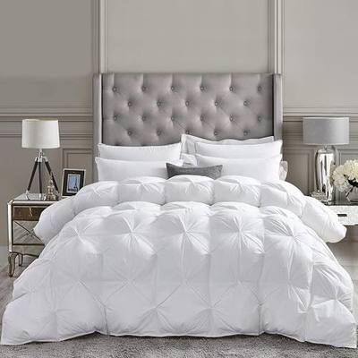 Luxurious All-Season Goose Down Feather Fiber Comforter Queen Size Duvet Insert, Exquisite Pinch Pleat Design, Premium Baffle Box, 100% Egyptian Cotton Cover, 55 oz. Fill Weight, White