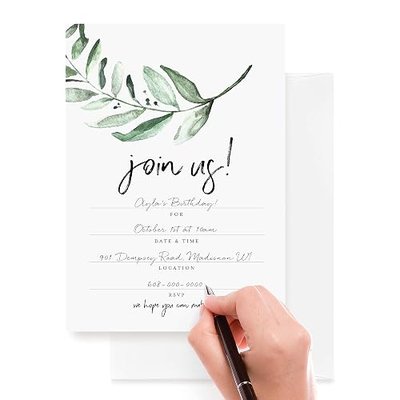 Bliss Collections 25 Invitations With Envelopes For All Occasions, Greenery Invites Perfect For: Weddings, Bridal Showers, Engagement, Birthday Party Or Special Event, Fill In Rustic Invites