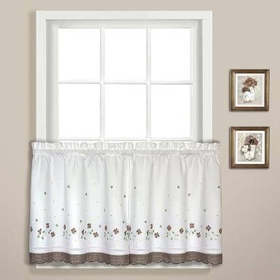 Gingham Embroidered Kitchen Tiers, 60 by 24-Inch, Taupe, Set of 2