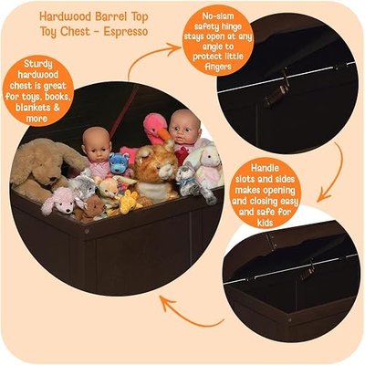 Badger Basket Hardwood Safety Hinge Barrel Top Toy Storage Chest, Espresso, 17x19 Inch (Pack of 1) (01345)