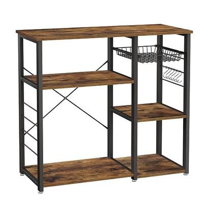 VASAGLE Baker's Rack, Coffee Bar Stand with Charging Station, 33 Inches Tall, Storage Shelves, Pull-Out Wire Basket, Table for Microwave, Kitchen, Rustic Brown and Ink Black UKKS90X