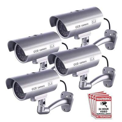 FITNATE Dummy Security Camera, 4 Packs Fake Surveillance Security CCTV Camera System with LED Red Flashing Light for Both Indoor & Outdoor Use + Security Camera Warning Stickers × 4 (Silver)