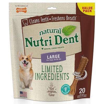 Nylabone Nutri Dent Dog Dental Chews - Natural Dog Teeth Cleaning & Breath Freshener - Dental Treats for Dogs - Filet Mignon Flavor, Large (20 Count) | Natural dental chews for dogs, made in USA, helps clean teeth & freshen breath, vet recommended, for dogs 30- 50 lbs