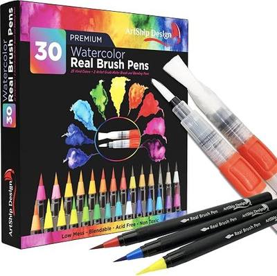 30 Watercolor Brush Pens Combo Pack, 28 Colors 2 Water Brushes, Flexible Real Nylon Brush Tips, for Watercolor Painting Calligraphy Coloring, Beginner or Artist, Portable, Low Mess