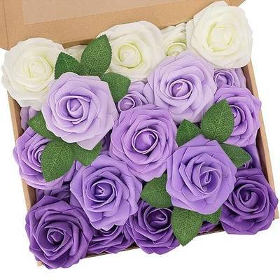 N&T NIETING Artificial Flowers,25pcs Real Touch Fake Flowers Rose with Stems Perfect for DIY Wedding Bridesmaid Bridal Bouquets Centerpieces Home Arrangement Party Tables Decoration,Series Purple