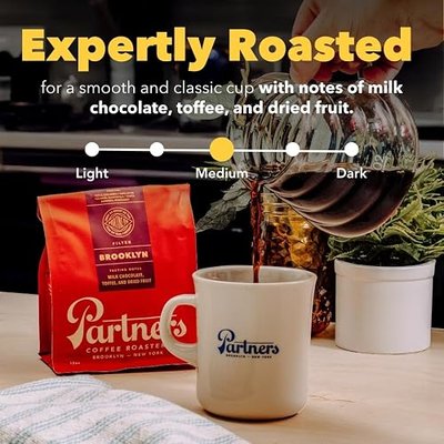 PARTNERS COFFEE ROASTERS - Whole Bean Coffee (Brooklyn - Medium Roast) 12oz - Versatile & Delicious Daily Brew - Whole Coffee Beans - Lab Tested for Mycotoxins & Heavy Metals - Hand Roasted in NYC
