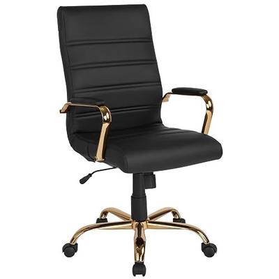 Flash Furniture Whitney High-Back Swivel LeatherSoft Desk Chair with Padded Seat and Armrests, Adjustable Height Padded Office Chair, Black/Gold | 360° Swivel, Height Adjustable, Commercial Grade