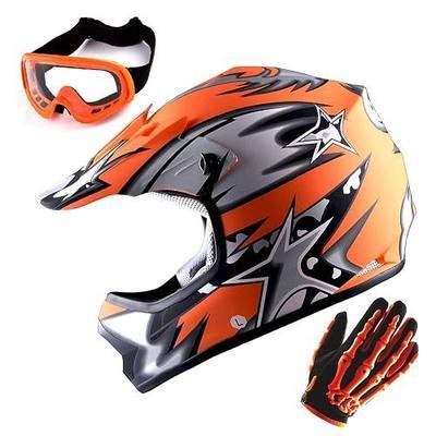 WOW Youth Motocross Helmet MX BMX Bike Helmet Spider Black + Goggles + Skeleton Black Glove Bundle