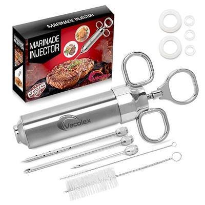304 Stainless Steel Meat Injector Syringe-2 Oz Turkey Injector for Smoking with 3 Needles 3 Brushes-Spare O Rings-Food Injector for BBQ,Turkey & Brisket (Stainless Steel)