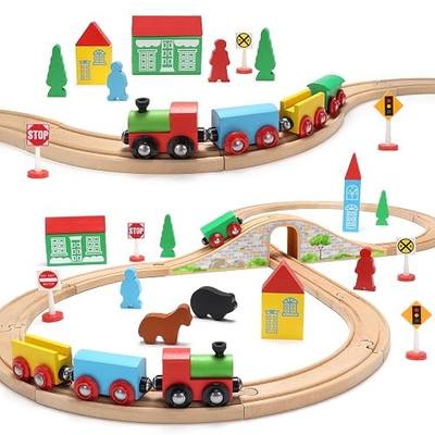 SainSmart Jr. Wooden Train Set for Toddler with Double-Side Train Tracks Fits Brio, Thomas, Melissa and Doug, Kids Wood Toy Train for 3,4,5 Year old Boys and Girls