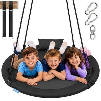 SereneLife 40 Inch Saucer Tree Swing, 900lb Outdoor Flying Swing for Kids, 900D Oxford Waterproof Seat, Tree Hang Kit with 2 Adjustable Straps, Center Swivel Spinner and Multi-Strand Ropes, Black