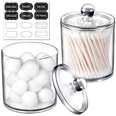 SheeChung Clear Acrylic Qtip Holder with Labels–Shatterproof Plastic Apothecary Jars for Bathroom Organization–Vanity Cotton Swab Holder Canisters for Cotton Balls, Pads, Floss Picks-Minimalist Decor