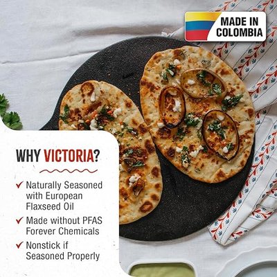 Victoria 12-Inch/30.5-Centimeter Cast Iron Tawa Dosa Pan, Cast Iron Pizza Pan and Crepe Pan with Loop Handle, Seasoned with Flaxseed Oil, Made in Colombia