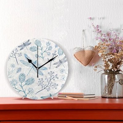 Blue Dragonfly Round Wall Clock, Silent Non Ticking Oil Painting Decorative for Home Office School Clock Art