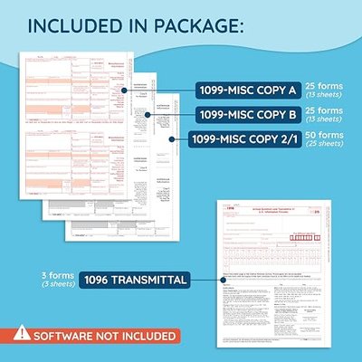 Blue Summit Supplies 1099 MISC 2026 Tax Forms Kit, 25 Pk, 4 Part | 25 vendor sets, 4 part copies, 3 1096 transmittals, QuickBooks compatible