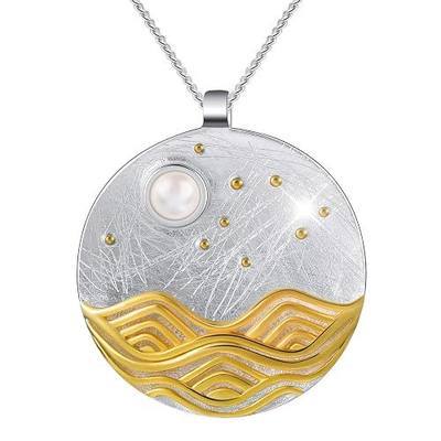 Lotus Fun S925 Sterling Silver Necklace Pendant Moonlight on The Sea Pendant with Link Chain Length 17inches, Handmade Jewelry Gift for Women and Girls