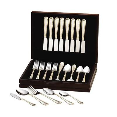 Pfaltzgraff New Castel 45-Piece Gold-Accented Stainless Steel Flatware Set with Serving Utensil Set and Wood Storage Chest, Service for 8