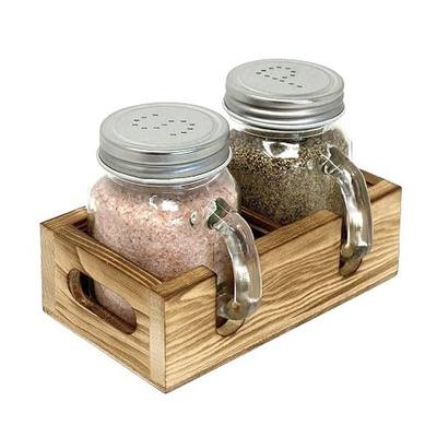 Mason Jar Salt and Pepper Shakers - Glass Shaker Set with Wood Holder Caddy | Easy to Clean & Refill for Kitchen Table, Home and Gifts