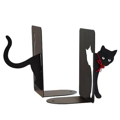 Black Cat Bookends - Decorative Metal Book Ends for Shelves, Book Holder for Desktop, Cute Animal Decor for Home & Office, Gift for Cat Lovers, Heavy Duty Steel, Set of 2, L15.7 x D5 x H7