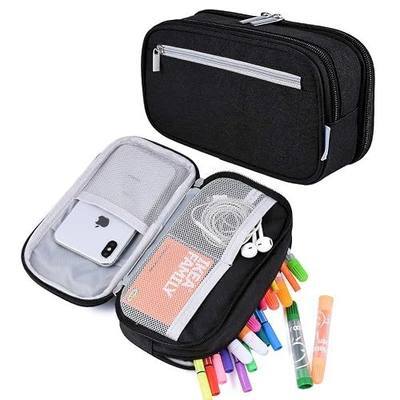 Large Capacity Pencil Case Big Storage Pencil Bag Pouch 3 Multifunctional Compartment Pen Marker Cases Holder Portable Office Stationery Organizer Supplies Makeup Bag, Black