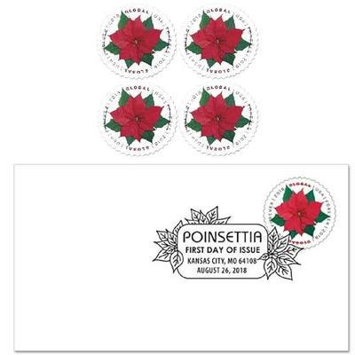 Global Poinsettia (Block of 4) Postage Forever Stamps (Good for 1 Ounce of International First-Class Mail) 2018 Scott #5311