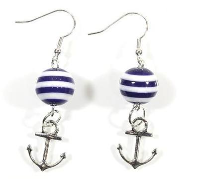 "Navy Lover Silvertone", Dark Navy Blue Striped Anchor Earrings