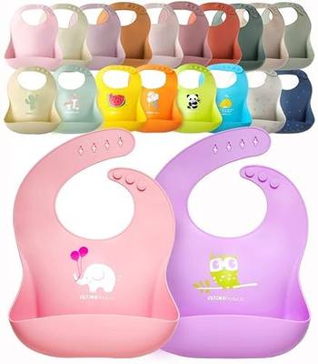 2-Pack Waterproof Silicone Baby Bib Lightweight Comfortable Easy-Wipe Clean (Purple/Light Pink, Large)