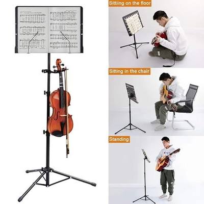 Klvied Professional Sheet Music Stand with Violin Hanger, Folding & Portable Violin Stand With Travel Case, Black