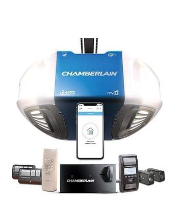 Chamberlain Group Chamberlain B980 Smartphone-Controlled Ultra-Quiet and Strong Belt Drive Garage Door Opener Ultimate Security Bundle with Battery Backup, Blue