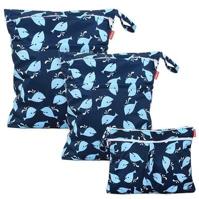 Damero 3Pcs Cloth Diaper Wet Dry Bag, Reusable Travel Bags(Whale) | Waterproof, with 2 Zippered Pockets & Snap Handle, for Swimsuits, Towels, Clothes, Pumping Parts, Laundry, Beach, Pool, Gym