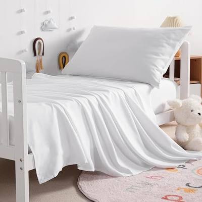 NTBAY Toddler Microfiber Sheet Set, 3 Piece, White | Includes Fitted Sheet, Flat Sheet and Pillowcase, Soft Microfiber with 8 Inch Fitted-Sheet Pocket for Toddler Beds
