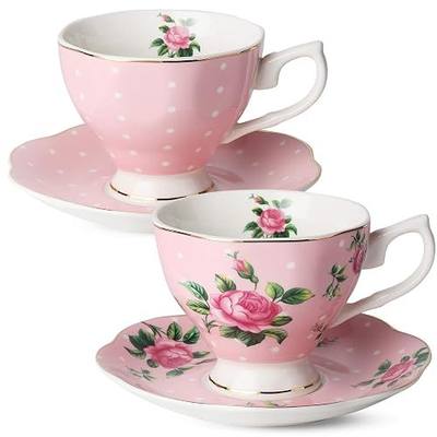 BTaT- Floral Tea Cups and Saucers, Set of 2, 8 oz, Fine Porcelain Teacup Set with Gold Trim for Afternoon Tea, Weddings, Parties & Gifting, Dishwasher Safe, Lightweight, Non-Toxic
