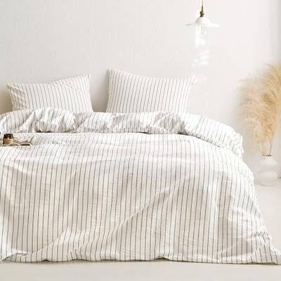 Wake In Cloud - Striped Cotton Duvet Cover Set, Ticking Stripe Vertical Pinstripe Farmhouse, 100% Washed Cotton Textured Bedding Set, 3 Pieces, White, Queen Size