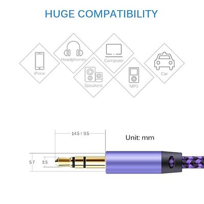 AILKIN Auxiliary Stereo Audio Cable, 3.5mm Stereo Cord, Male to Male Braided Stereo Cable, Compatible with Phones, Headphones, Speakers, Tablets, PCs, MP3 Players and More (5ft/1.3m, 2- Pack)