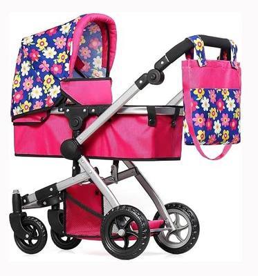 Fash N Kolor | Foldable Pram for Baby Doll with Flower Design with Swiveling Wheel Adjustable Handle Bassinet Stroller with Baby Doll, Convertible Seat, and Basket, and Free Carriage Bag