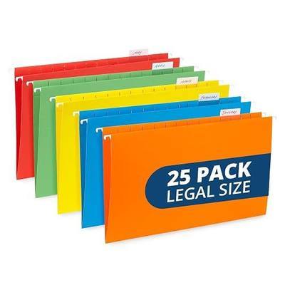Blue Summit Supplies 25 Hanging File Folders, Legal Size, Assorted | Reinforced 12pt, 1/5 cut tabs, plastic tabs and inserts included, for filing cabinet, home, and office use