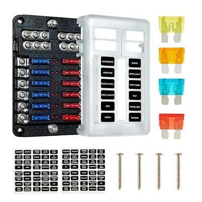 SOYOND 12 Volt Fuse Block, Boat Marine Fuse Block Panel with LED Warning Indicator Damp-Proof Cover 12 Circuits Fuse Box with Negative Bus Fuse Panel for Car Boat RV Truck Dc 12-24v
