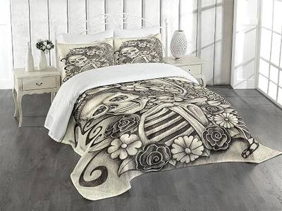 Lunarable Day of The Dead Bedspread, Spanish Mexican Festival Theme Skeleton Girl with Flowers Print, Decorative Quilted 3 Piece Coverlet Set with 2 Pillow Shams, Queen Size, Dimgrey Beige